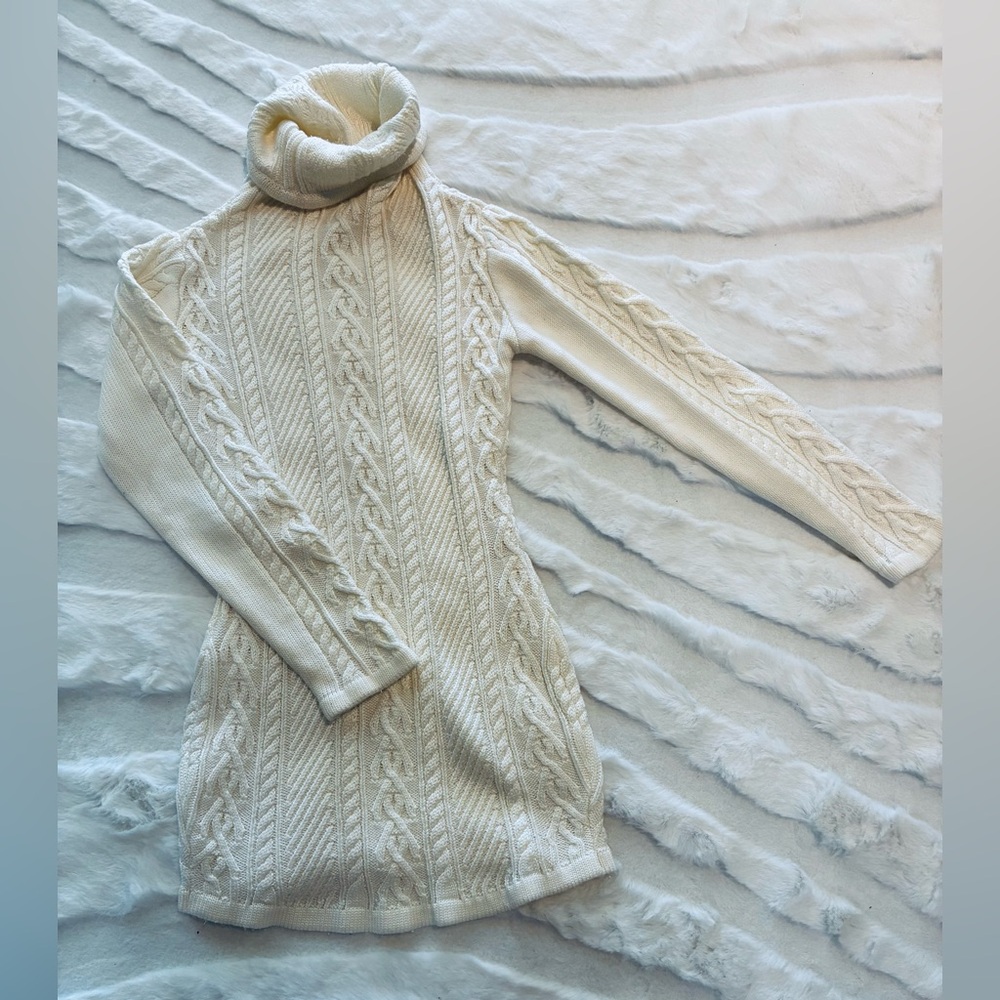 Cream Cable Knit Turtleneck Sweater Dress